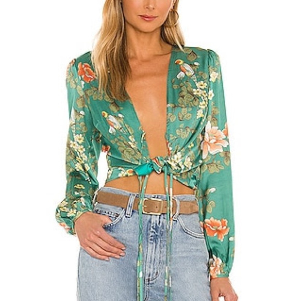 MAJORELLE Green Long Sleeve Tie Front Crop Blouse